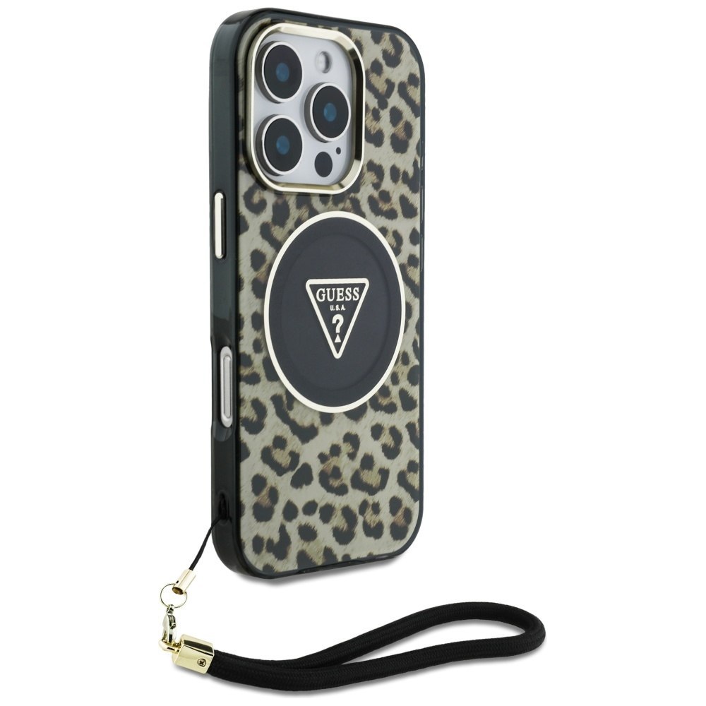 Etui Guess HC IML Leopard Triangle Cord Strap do iPhone 16 Pro MagSafe brąz